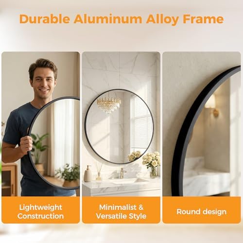 24 Inch Black Round Bathroom Wall Mirror, Round Mirrors for Wall Decor, Circle Mirror for with HD Shatter-Proof Glass