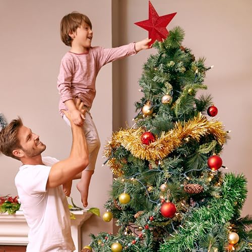 Xmas Star Tree Topper, 8" 3D Glitter Red Christmas Tree Topper Decorations