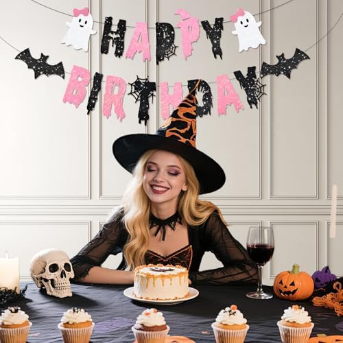 Pink Halloween Happy Birthday Banner – Cute Ghost and Bat Design with Glitter Letters and Spider Web Accents – Girly Halloween Party Decoration for Kids or Spooky Birthday Celebrations