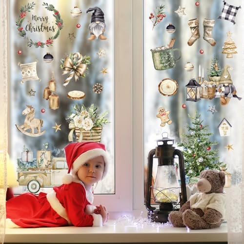 Whaline Christmas Window Clings Brown Vintage Xmas Tree Truck Window Stickers Double-Side Glass Decals for Home Party Supplies, 7.9 x 11.8 Inch, 9 Sheets