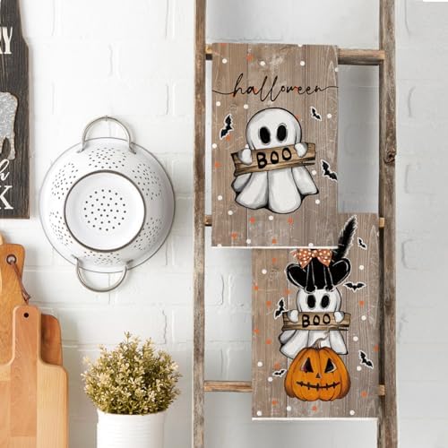 Artoid Mode Wood Cat Ghost Halloween Kitchen Towels Set of 2 18x26 Inch