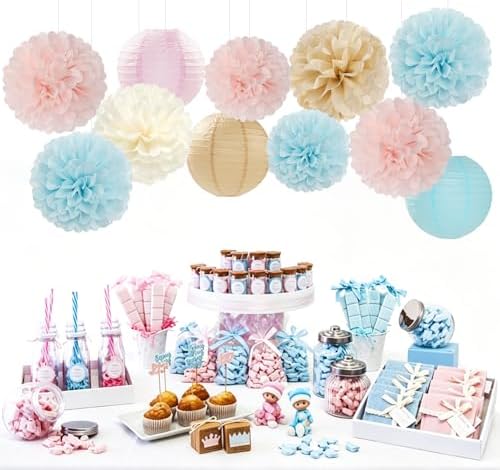 Light-Blue Pink Champagne Gender-Reveal Party-Decorations - 15pcs Boy Or Girl Paper Flowers Tissue Pom Poms Lanterns Streamers,Birthday Bear Baby Shower Neutral Hanging Supplies Decor Hugfond