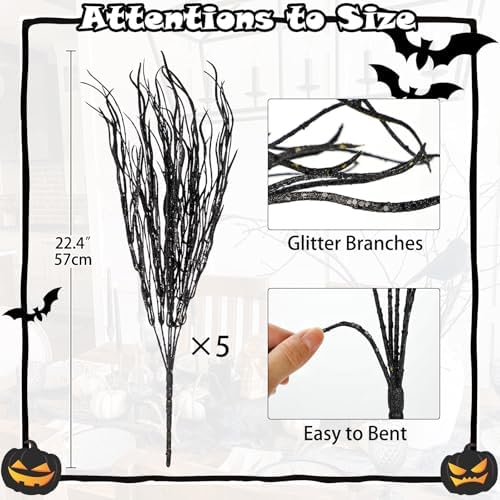 5 Pcs Halloween Picks and Sprays Black Artificial Curly Willow Branches 27.4Inch Floral Twig Stems Sticks Vase Fillers Black Halloween Ornament for Centerpieces Party Holiday Christmas Decorations