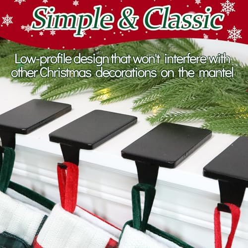 HMASYO Christmas Stocking Holders for Mantle Set of 4, Black Heavy Duty Iron Stocking Hangers Base, Low Profile Weighted Stocking Holder Hooks for Fireplace Tabletop Shelf Christmas Decoration
