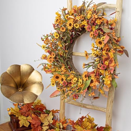 J'FLORU 28 Inch Artificial Fall Wreath Large Fall Wreaths for Front Door Autumn Wreath with Daisy and Lavender Berry Fall Leaves for Wall Fireplace Farmhouse Thanksgiving Day Harvest Festival Decor