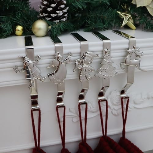 Christmas Stocking Holders for Mantle Set of 5, Reusable Christmas Stocking Hooks, No-Damage Xmas Hanger for Fireplace Mantle Grip Stand Christmas Decoration Ornaments Hanging Shelf Floor