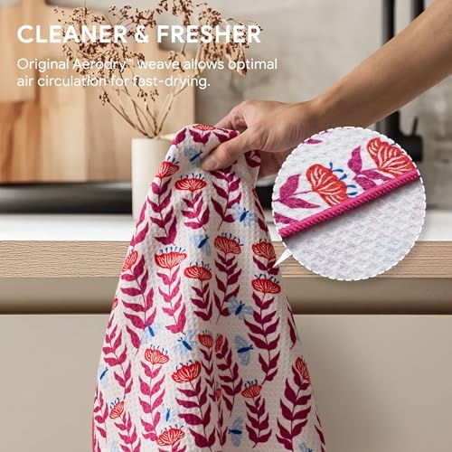 RECYCO Waffle Kitchen Towel Set of 2 - Quick Dry Microfiber Sustainable Dish Towels - Absorbent Reusable Cleaning Tea Towels - Lightweight Hand Towels,16”x 28”, Blossom Brilliance Pink