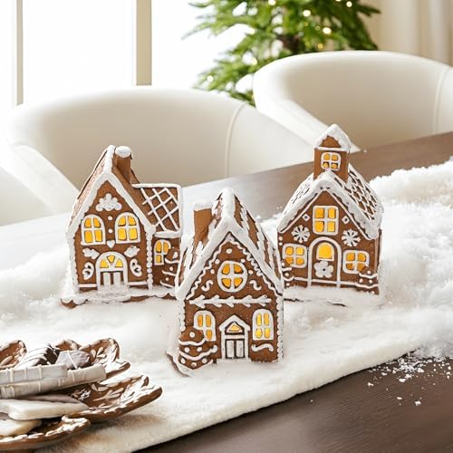 Resin Christmas Decorations: 3Pcs Light-Up Gingerbread House Christmas Village Collectible Figurines, Battery Powered LED Lights, Classic Gifts Swedish Xmas Decorations for Home Table Décor