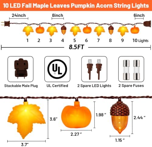 8.5Ft Fall Thanksgiving Decor String Lights, 10 LED Maple Leaves Acorn Pumpkins Lights Home Porch Fireplace Autumn Harvest Party, Indoor Outdoor Thanksgiving Decor, Plug in