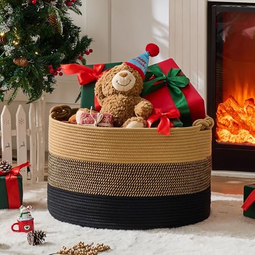 KAKAMAY Large Blanket Basket (20"x13"),Woven Rope Baskets for storage Baby Laundry Hamper, Cotton Rope Blanket Basket