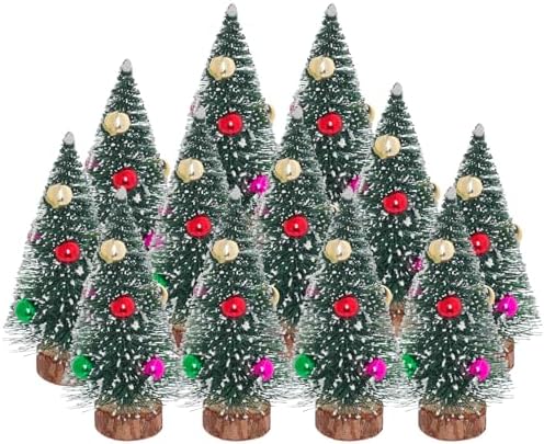 Yookat 12Pcs Mini Christmas Trees Bottle Brush Trees Small Sisal Trees Mini Pine Trees with Wood Base Small Bottle Brush Trees for Christmas Winter Decoration (Green)