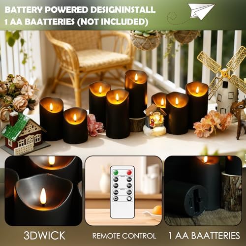 kakoya Flameless LED Candles Battery Operated with Remote and Timer,Flickering Electric Fake Plastic Pillar Candles Set of 24(D3 x H 3" 4" 5") Black