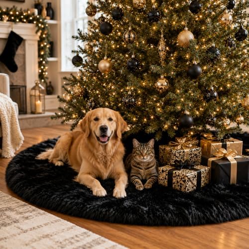 AISENO 30 Inch Black Faux Fur Christmas Tree Skirt - Halloween Tree Skirt Plush Holiday Decor for Xmas Tree, Festive Party, Home Decorations