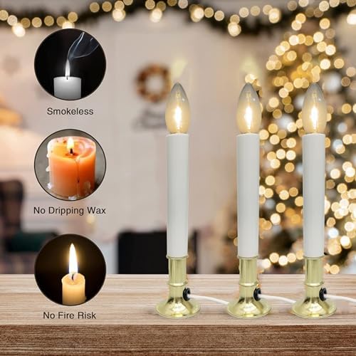 4 Pack Electric Christmas Window Candle, Brass Plated Base Window Candles with Sensor Dusk to Dawn, Candle Set for Home & Kitchen for Window Table Christmas Decorations