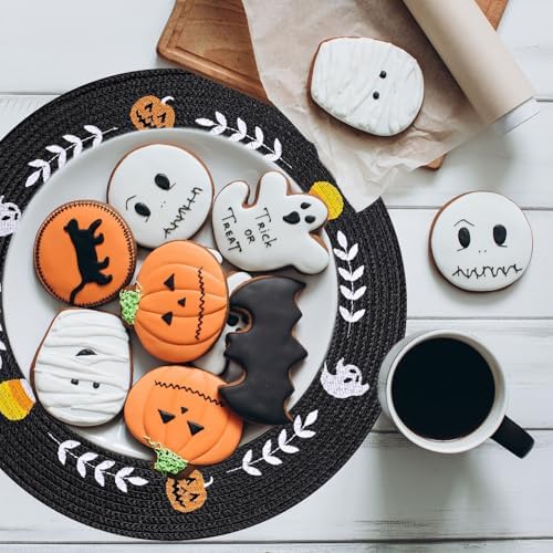 Whaline 4 Pcs Round Halloween Placemats Embroidered Ghost Pumpkin Candy Corn Place Mats Black Spooky Dinner Table Mats for Halloween Holiday Trick or Treat Party Table Decor