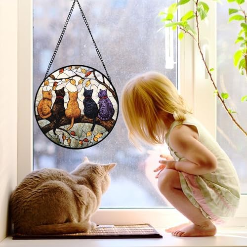 5 Cats on a Branch Stained Glass Window Hanging Suncatcher Gifts 9.8"
