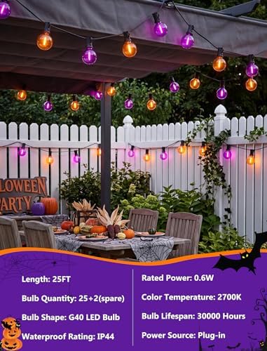 25FT G40 LED Outdoor Halloween String Lights, Orange and Purple Halloween Decorations Lights with 27 Shatterproof Globe Bulbs(2 Spare), Hanging Patio Lights for Holiday Balcony Backyard Party Garden