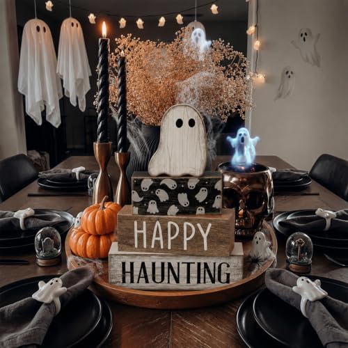 Lineshading 4 Pcs Happy Haunting Wood Blocks, Halloween Farmhouse Decor
