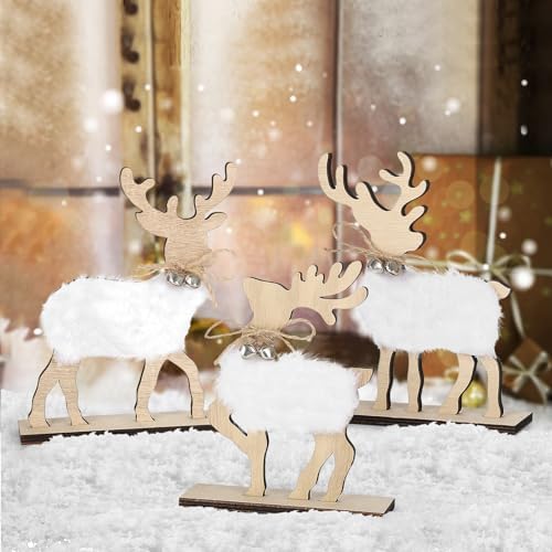 COCHIE Cute Christmas Tiered Tray Decor Indoor, Wooden Reindeer Christmas Tabletop Decorations and Xmas Tree Centerpiece, Reindeer Sign Standing Elk Decor for Home Party Decorations (Fur)