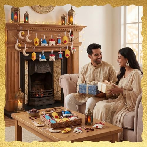 HunnmingRe 16 Pcs Ramadan Tree Ornaments 3D Felt Eid Mubarak Hanging Ornaments Ramadan Islamic Moon Star Castle Lantern Decorations for Holiday Party Door Home Wall Mantel Arts Crafts Gifts