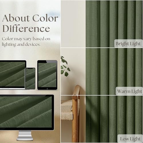 108 Inch Linen Memory Trained Pleated Curtains Olive Green for Living Room