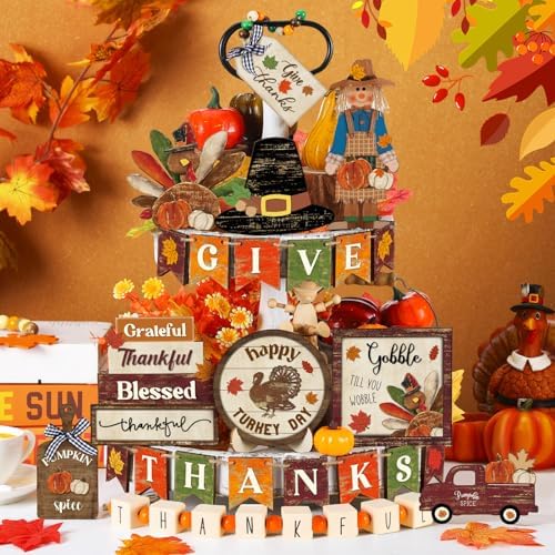 Maitys 21 Pcs Thanksgiving Tiered Tray Decor Set Fall Pumpkin Gnome Truck Scarecrow Wood Sign Rustic Farmhouse Decor Hello Fall Wood Bead Decorative Tabletop Sign for Autumn Thanksgiving Day(Cute)