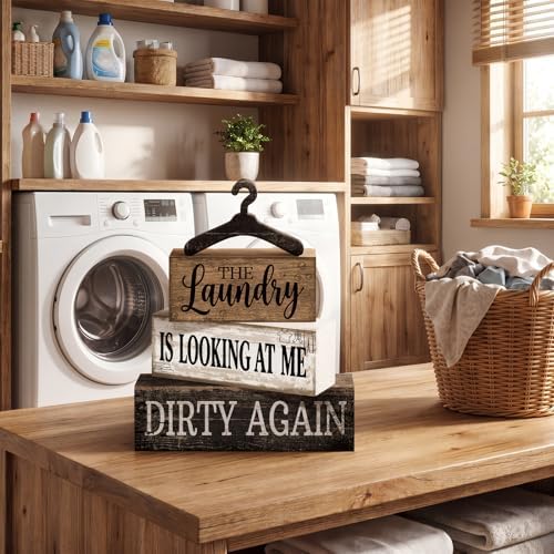 Moucuny 4 Pcs Farmhouse Laundry Room Decor and Accessories Stacked Blocks