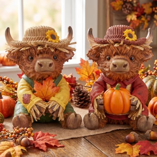 Simgoing 2 Pcs Fall Thanksgiving Highland Cow Resin Scarecrow Cow Decor