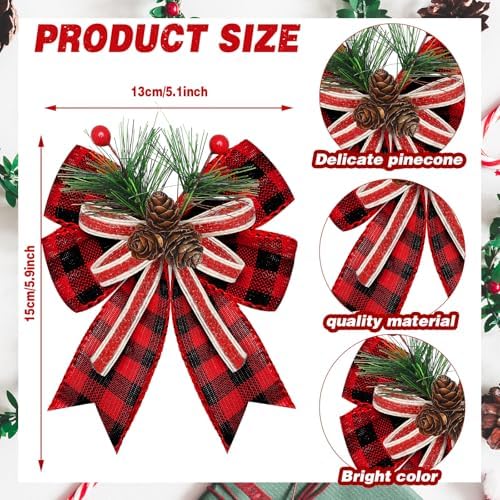 Moucuny 6 Pcs Christmas Burlap Bows Red and Black Buffalo Plaid 5 x 6 Inch