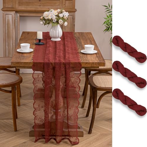 Terracotta Lace Table Runner with Floral Embroidered(3pcs 28”x118”)