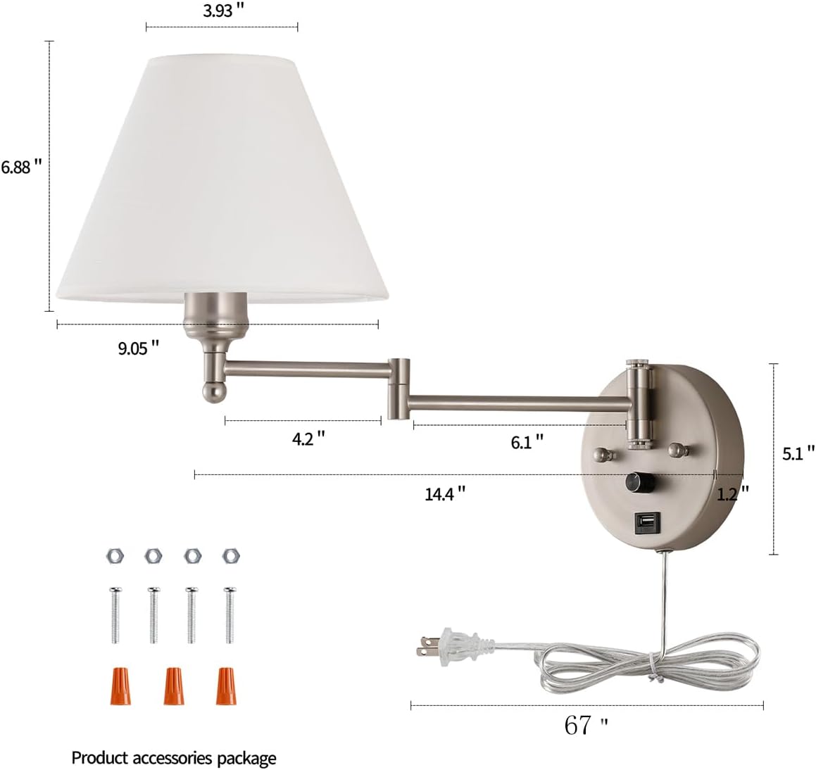 Swing Arm Wall Sconces, Plug-in Wall lamp,Bedroom Wall lamp ， White Fabric Shade，，with dimmable Switch and USB Charging