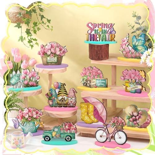 Amyhill 12 Pcs Spring Table Decorations Wooden Tabletop Centerpiece Wooden Table Sign for Tiered Tray Fiesta Carnival Party