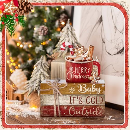 4 Pcs Christmas Table Decorations Indoor, Hot Cocoa Wood Sign