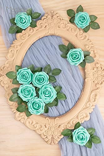 30PCS Mint Green Artificial Roses with Stems, Real Touch Foam Flowers