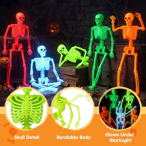 JOYIN 5 PCS 16" Blacklight Reactive Halloween Skeleton, Small Skeleton Decor, Full Body Posable Joint Hanging Skeleton for Halloween Decoration, Graveyard Prop, Haunted House, Spooky Scene Party Favor