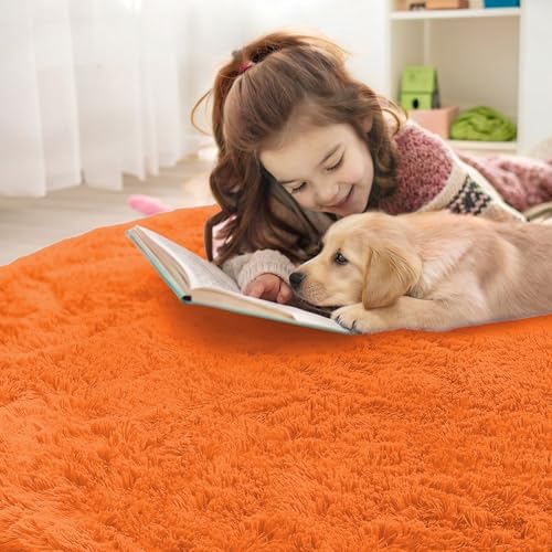 OLANLY Orange Round Rugs for Bedroom - Machine Washable, 3 ft Circle Area Rugs for Living Room, Soft and Fluffy Shaggy