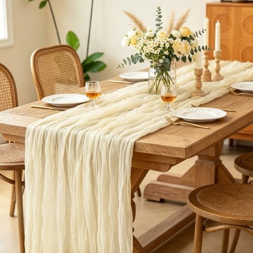 6Pcs Beige Table Runner, 10FT Rustic Cheesecloth Table Runner 35*120inch Boho Beige Runner for Wedding Bridal Shower Baby Shower Table Centerpiece Decorations