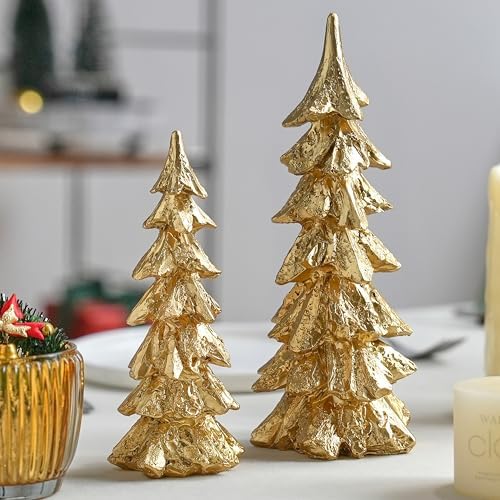 FESTGLOX Gold Christmas Tree Figurines, Resin Tabletop Christmas Tree Decor
