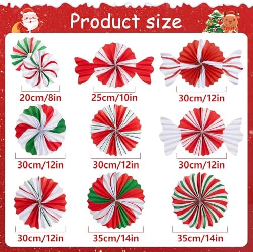 SUNBEAUTY Christmas Hanging Paper Fans Decoration Candy Peppermint Paper Christmas Decoration Candy Party Classroom Decor White and Red Xmas Ceiling Birthday Party Bulletin Board Office Decor