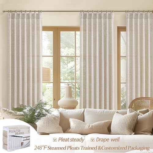 Custom Natural Linen Pinch Pleated Room Divider Curtains 78 Inches Long 2 Panels Set, Memory Trained Light Filtering