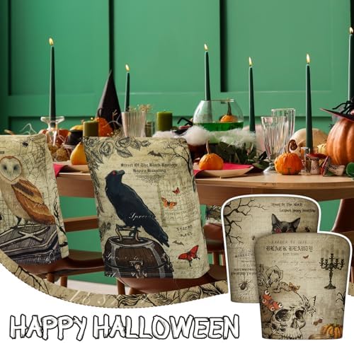 Moukeren 6 Pcs Gothic Chair Cover Set Gothic Halloween Decor Stretch Dining Chair Back Covers Skeleton Black Cat Bat Owl Seat Covers Horror Home Farmhouse Dining Seat Protector for Kitchen Decor