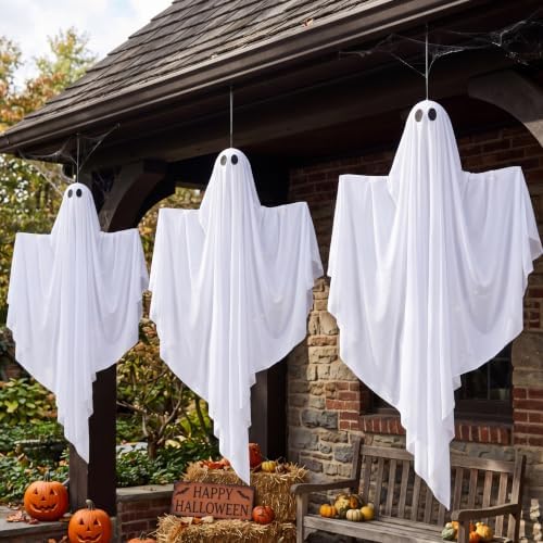 JOYIN 3Pcs 35” Light Up Halloween Decorations Outdoor, Tree Hanging Ghosts with Warm White LED Lights and Timer for Tree Front Yard Patio Lawn Garden Party Décor and Holiday Indoor Outside Decorations