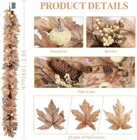9 FT Lighted Fall Garland with Lights Autumn Automatic ON/Off Timer