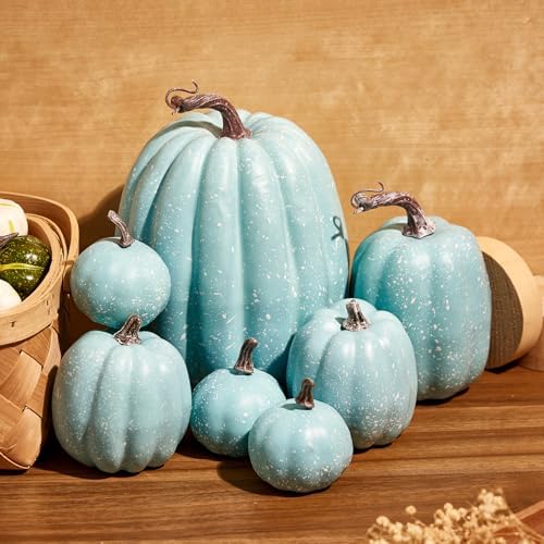 Halloween Autumn Harvest Festival 7 Artificial Pumpkins of Various Styles Decorate Rural Style Farmhouses Foam Pumpkins Thanksgiving Dinner Party Home Festival Autumn Decoration (Light Blue)