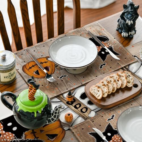 Artoid Mode Wood Polka Dot Ghost Cat Boo Halloween Placemats Set of 4, 12x18 Inch Seasonal Table Mats for Party Kitchen Dining Decoration