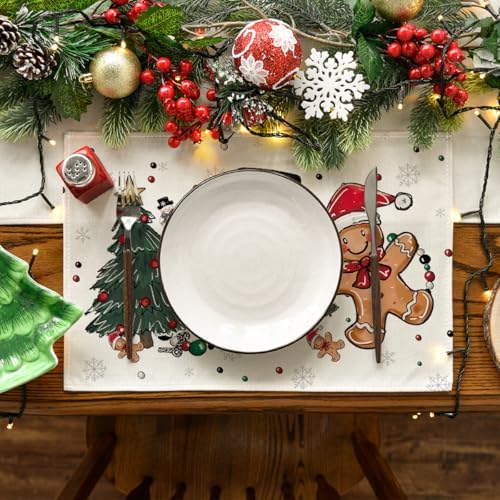 Artoid Mode Snowman Tree Gingerbread Gifts Merry Christmas Placemats Set of 4, 12x18 Inch Seasonal Winter Holiday Table Mats for Party Kitchen Dining Decoration