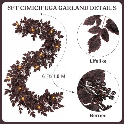 6Ft Plum Fall Garland for Mantle with Lights, Fall Decorations for Home