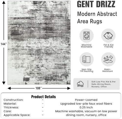 9x12 Area Rugs for Living Room: Washable Abstract Black Grey Badroom Carpet