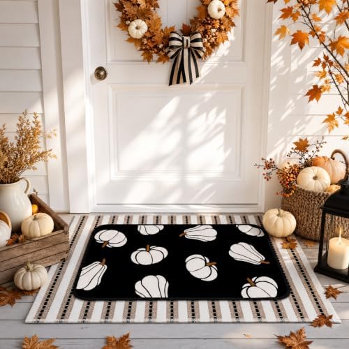 Tinideya 2 Pcs Halloween Layered Doormat Set, Neutral Pumpkin Outdoor Front Door Mat with Striped Layering Rug, Non Slip Fall Halloween Porch Entryway Outside Decor