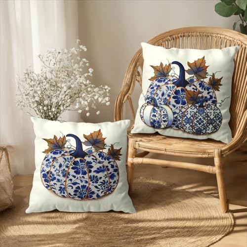 Fall Chinoiserie Pillow Covers 18x18 Set of 2 Blue and White Porcelain Pumpkin Leaf Flowers Autumn Outdoor Throw Pillows Thanksgiving Harvest Pillowcase for Sofa Couch Decor
